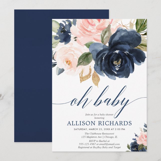 Invitation Oh, bébé rose floral et bleu marine baby shower (Devant / Derrière)