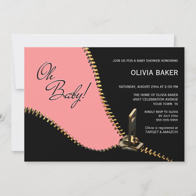 Invitation Oh Bébé rose noire avec Baby shower Zipper or (Devant)