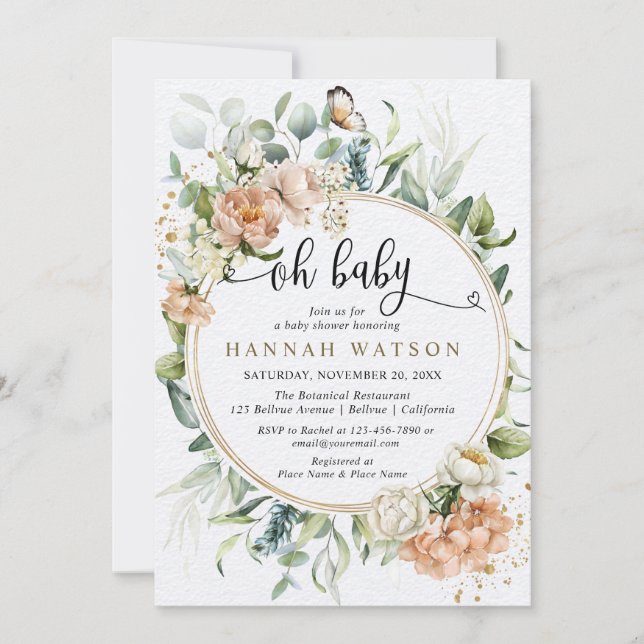Invitation Oh Bébé rose rose pâle Baby shower Eucalyptus (Devant)