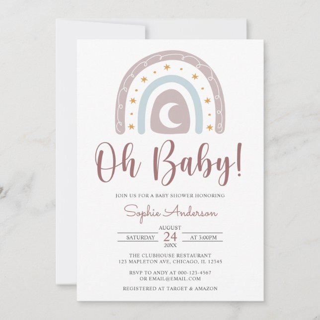 Invitation Oh bébé Star et Moon Boho Rainbow Baby shower Inv (Devant)