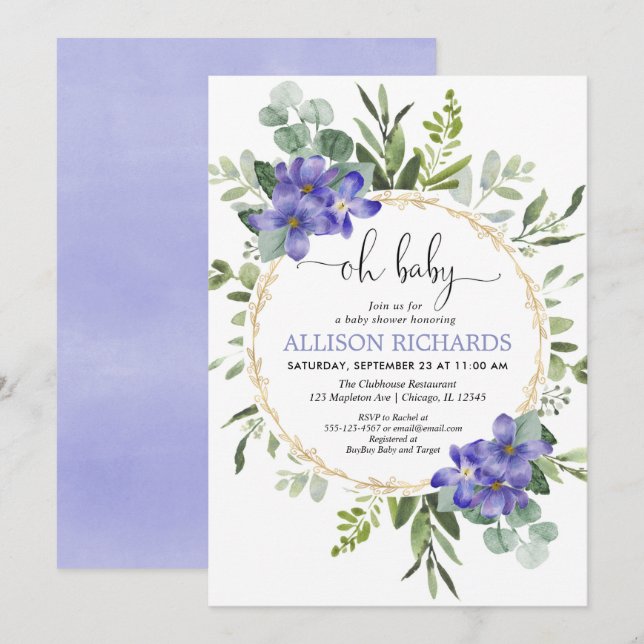 Invitation Oh bébé verdure fleurie violette baby shower (Devant / Derrière)