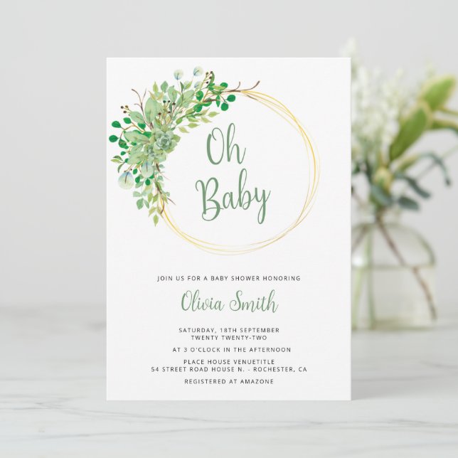 Invitation Oh bébé verdure or genre neutre baby shower (Debout devant)