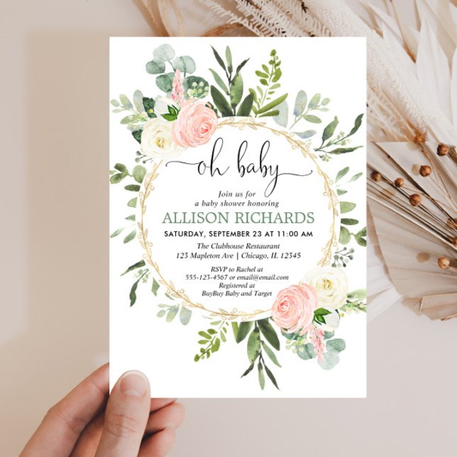 Invitation Oh bébé verdure rose or rose baby shower fille fle (Créateur téléchargé)