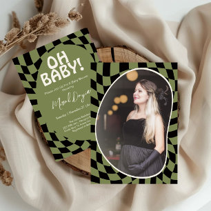 Invitation Oh Bébé ! Vert olive à carreaux Baby Shower Modern