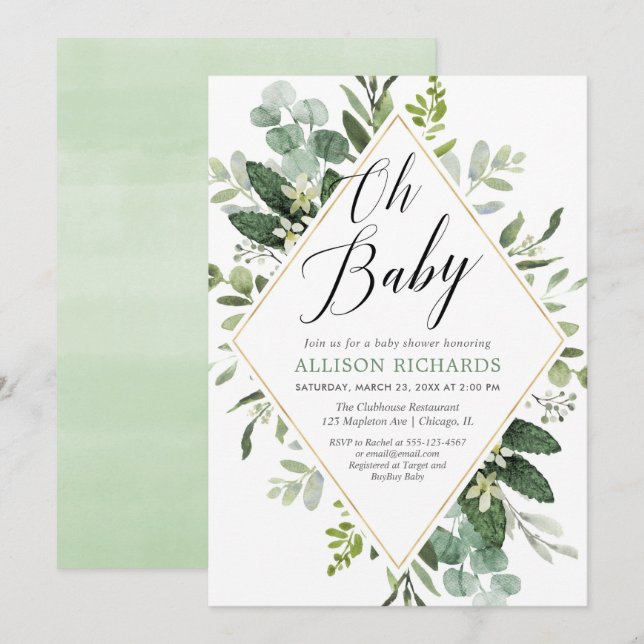 Invitation Oh bébé Vert or sexe neutre baby shower (Devant / Derrière)