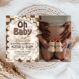 Invitation Oh Bébé Voiture de Course Damier Mocha Baby Shower