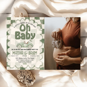Invitation Oh Bébé Voiture de Course Damier Vert Sauge Baby S