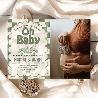 Invitation Oh Bébé Voiture de Course Damier Vert Sauge Baby S