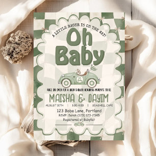 Invitation Oh Bébé Voiture de Course Damier Vert Sauge Baby S