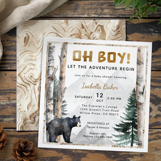 Invitation Oh Boy Adventure Begin | Baby shower d'ours carré (Baby Shower Invite)