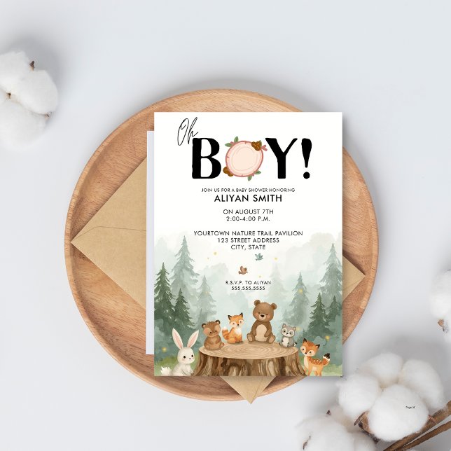 Invitation Oh Boy Aquarelle Bois Baby shower Animaux (Créateur téléchargé)