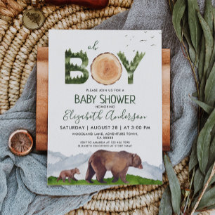 Invitation Oh Boy Aquarelle Bois Ours Baby shower