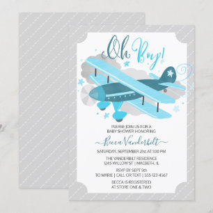 Invitation Oh Boy Avion Vintage Baby shower bleu et gris