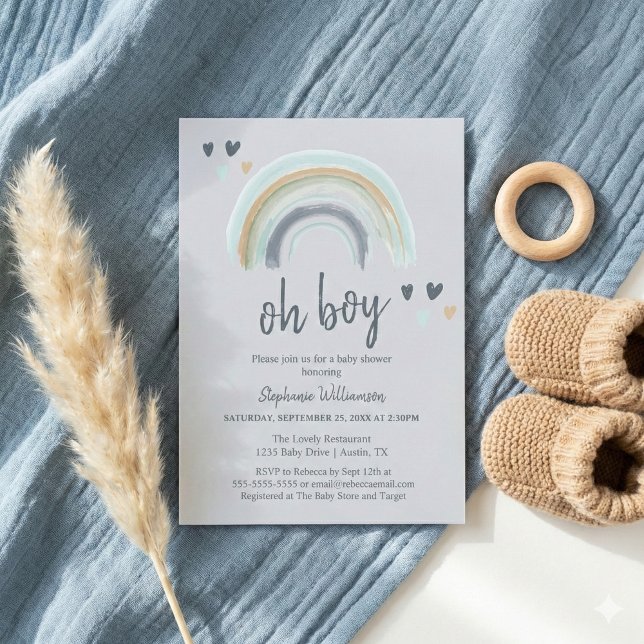 Invitation Oh Boy Baby Shower Bleu Boho Arc-en-Ciel (Créateur téléchargé)