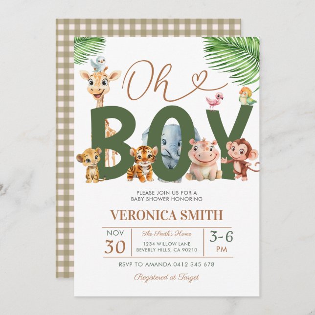 Invitation Oh Boy Baby Shower Forest Animals Greenery Floral (Devant / Derrière)