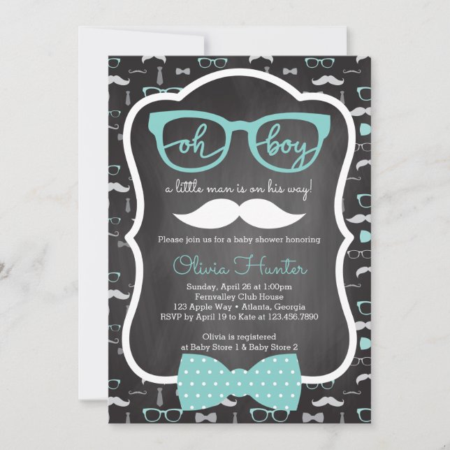 Invitation Oh Boy Baby shower Invitation, Bleu, Gris (Devant)