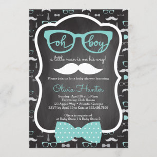 Invitation Oh Boy Baby shower Invitation, Bleu, Gris
