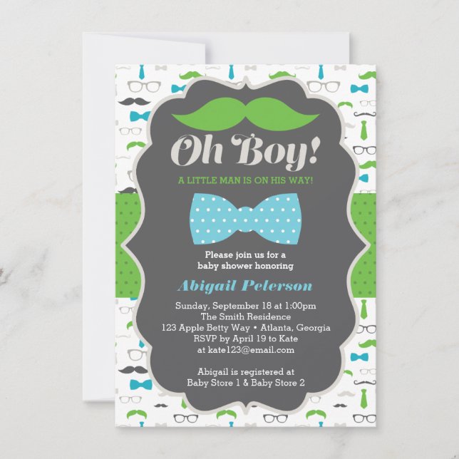 Invitation Oh Boy Baby shower Invitation, Bleu, Vert (Devant)