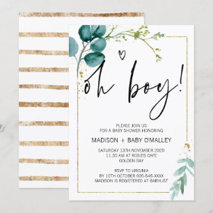 Invitation Oh Boy Baby shower Party Modern Gold Eucalyptus