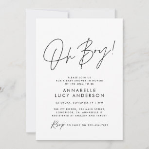 Invitation oh Boy baby shower script crème neutre élégant