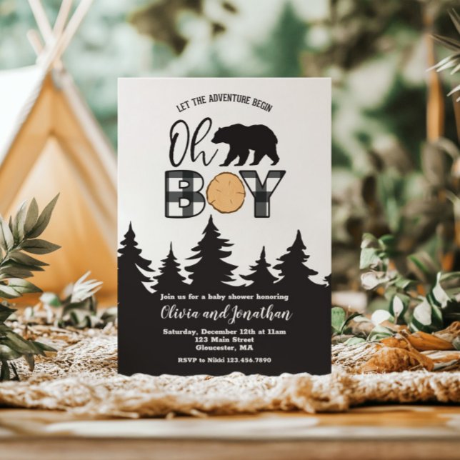 Invitation Oh Boy Bear Buffalo Plaid Baby shower (Créateur téléchargé)