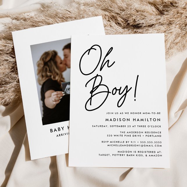 Invitation Oh Boy Black Script Baby shower photo (Créateur téléchargé)