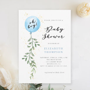 Invitation Oh Boy Blue Balloon Soft Foliage Baby shower garço