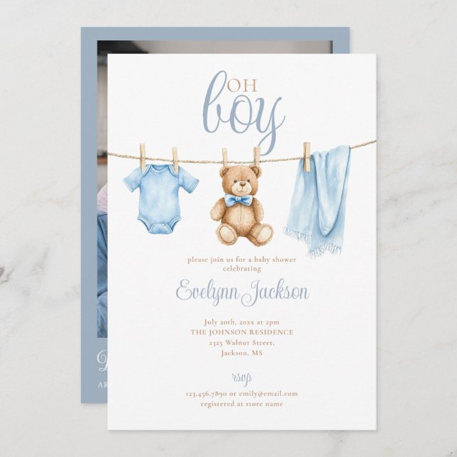 Invitation Oh Boy Blue Clothesline Baby Shower Photo QR Code (Devant / Derrière)