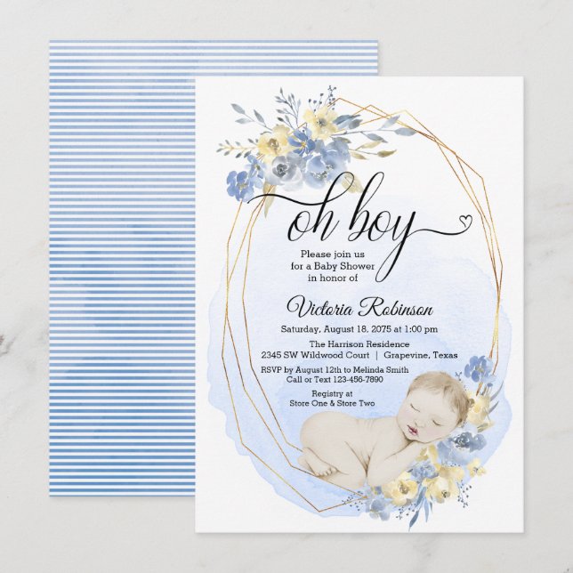 Invitation Oh Boy Blue Gold Aquarelle Baby shower garçon (Devant / Derrière)