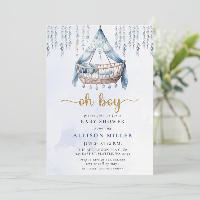 Invitation Oh Boy Blue Gold Crib Boho Baby shower garçon (Debout devant)