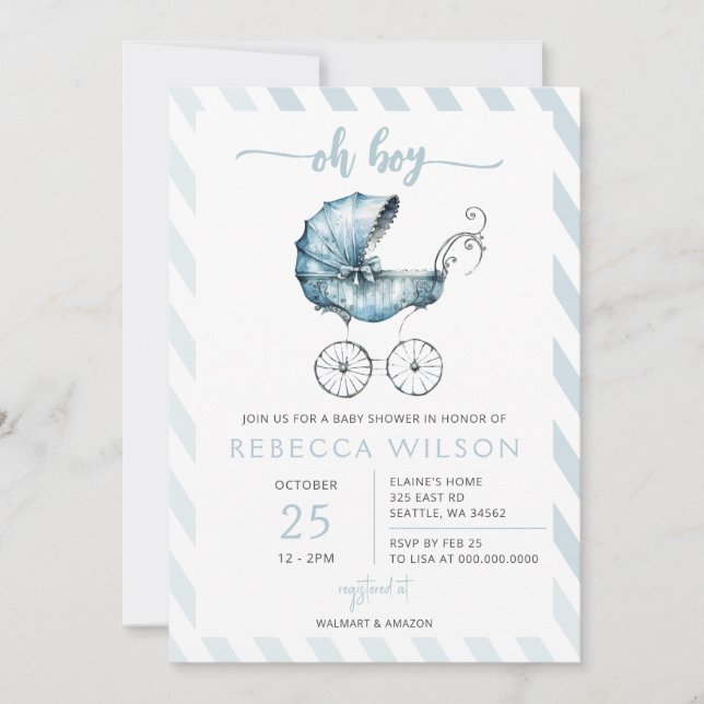 Invitation Oh Boy Blue Stroller Pram Boy Baby shower (Devant)