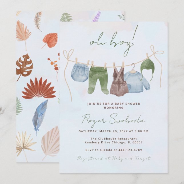 Invitation Oh Boy boho aquarelle vêtements bébé bleu (Devant / Derrière)