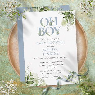 Invitation Oh Boy Botanical Greenery Bleu Poussiéreux Baby Sh