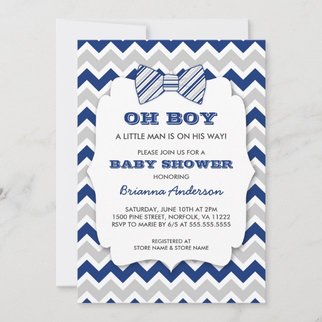 Invitation OH BOY Bow cravate baby shower / chevron gris mari (Devant)