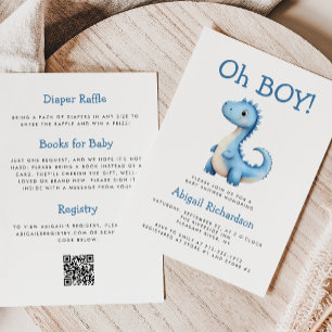 Invitation Oh Boy Cute Blue Dinosaur QR Code Baby shower