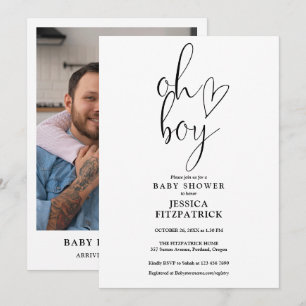 Invitation Oh Boy Cute Heart Script Baby shower photo