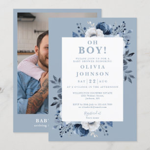 Invitation Oh Boy Dusty Blue Floral Baby shower photo