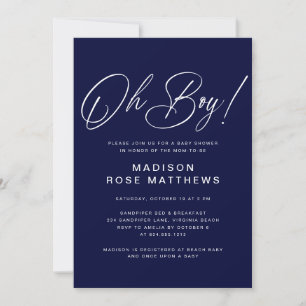 Invitation Oh Boy écriture moderne bleu marine Baby Shower 