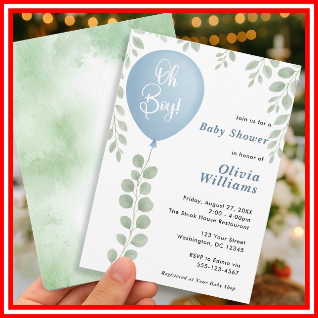 Invitation Oh Boy Eucalyptus Greenery Baby Shower Balloon   (Créateur téléchargé)