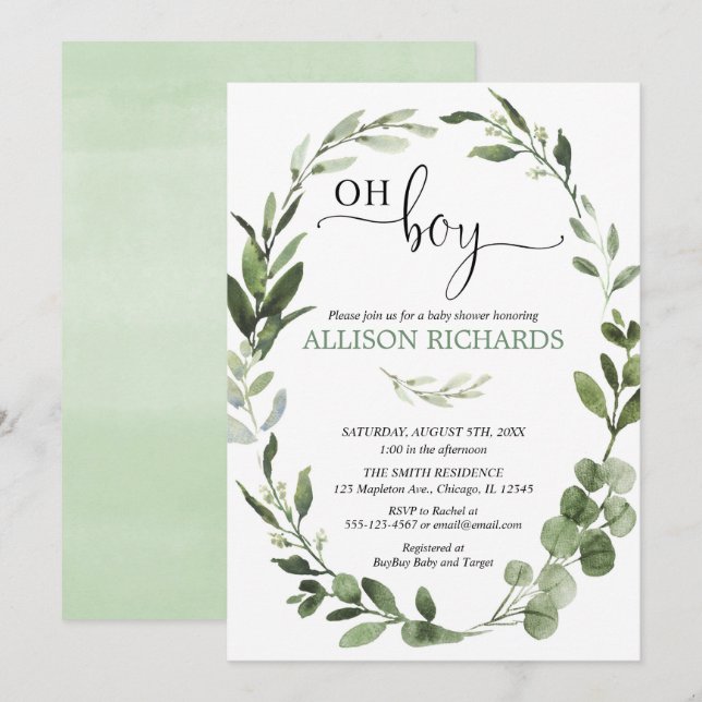 Invitation Oh Boy Greenery baby shower de feuillage eucalyptu (Devant / Derrière)
