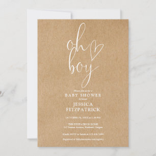 Invitation Oh Boy Heart Rustique Kraft Tout En Un Baby Shower
