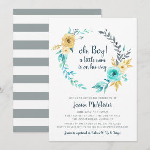 Invitation oh Boy Little Man Baby shower Turquoise Gold Invit