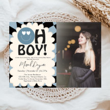 Oh Boy! Modern Groovy Blue Happy Face Baby Shower