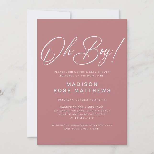 Invitation Oh Boy Modern Script Dusty Rose Baby Shower  (Devant)