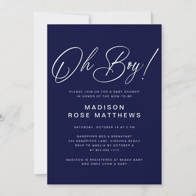 Invitation Oh Boy Modern Script Navy Blue  Baby Shower  (Devant)