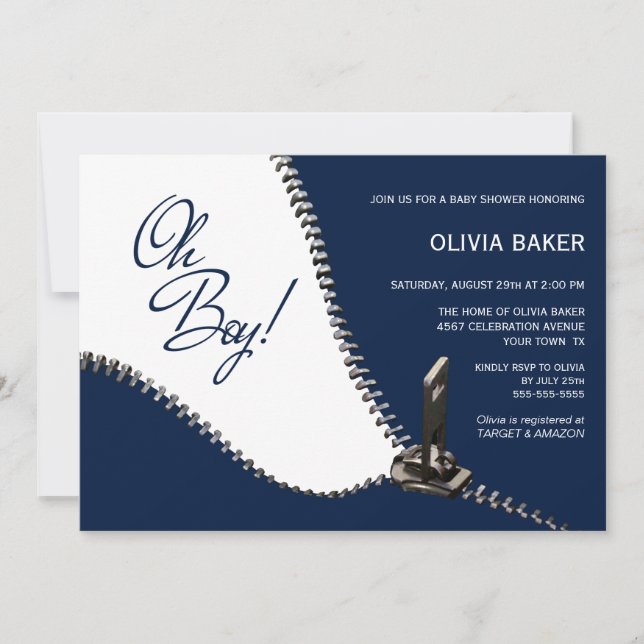 Invitation Oh Boy Navy Blue avec Baby shower Zipper en argent (Devant)