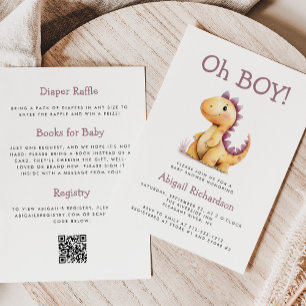 Invitation Oh Boy Orange Purple Dinosaur QR Code Baby shower