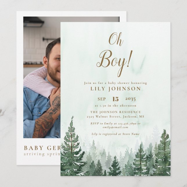 Invitation Oh Boy Pine Tree Forest Baby shower Photo QR Code (Devant / Derrière)