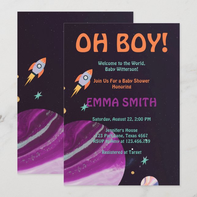 Invitation Oh Boy Planètes Espace Extérieur Baby shower Invit (Devant / Derrière)