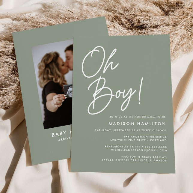 Invitation Oh Boy Script Sage Green Photo Baby shower (Créateur téléchargé)